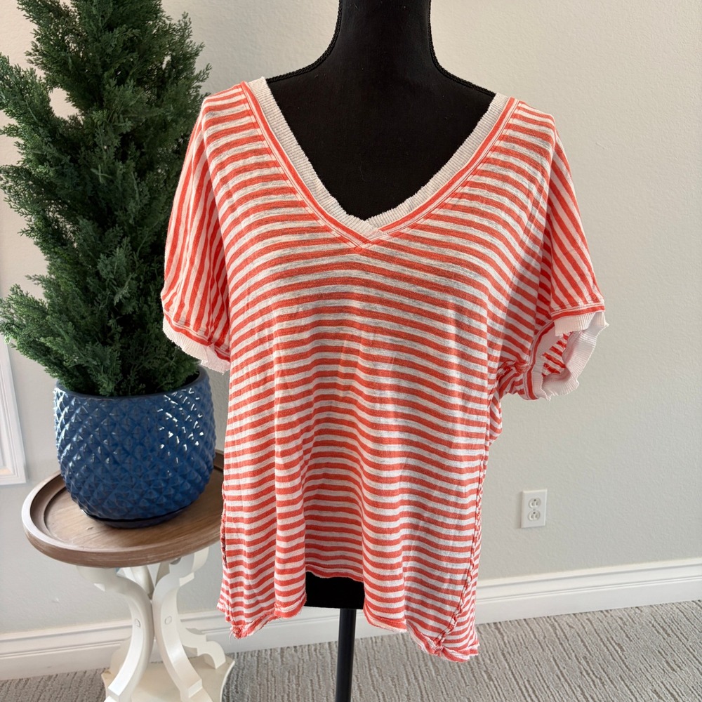 We The Free People Take Me Top Womens Small Peach Striped Oversized Linen Blend